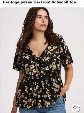 torrid Black Floral Tie-Front  Babydoll Peplum Blouse with Cream Blooms